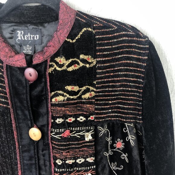 Retro Jacket Womens Medium Black Patchwork Velvet Embroidered Bohemian Tapestry - Picture 15 of 16